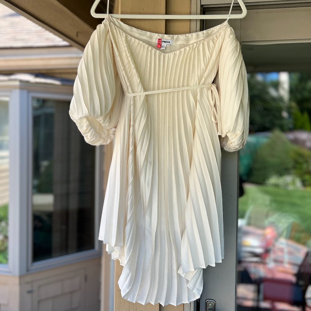 Off-The-Shoulder, Pleated Dress - Size S